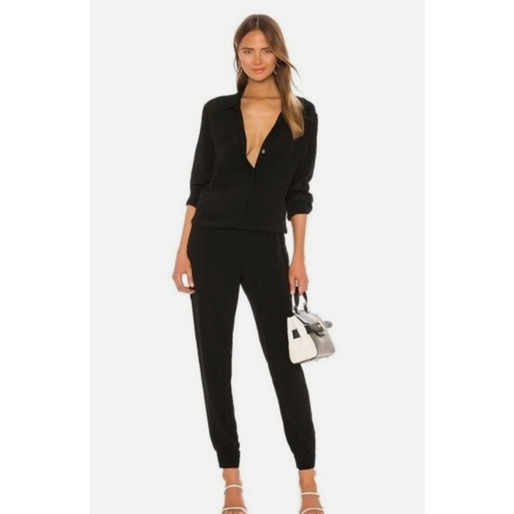Monrow Crepe Long Sleeve Black Jumpsuit Button Front Rayon Womens Size Large